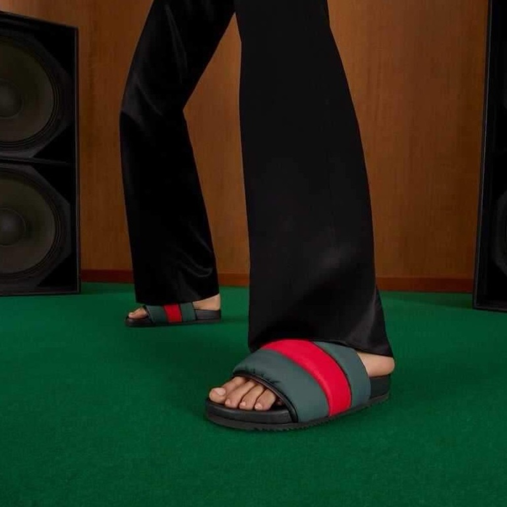 Gucci Puffer Nylon Slides Black/Red/Green Sandal Women’s Size 37 Made In Italy